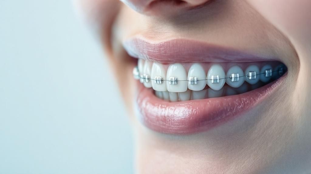 A person with braces smiling, showcasing festive holiday-themed colors.