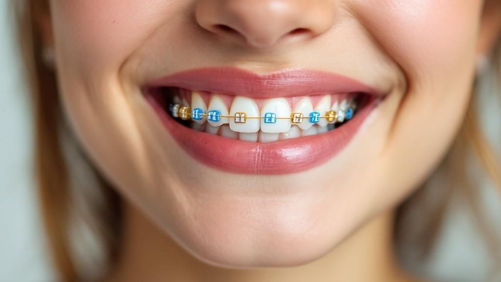 A person with braces showing off their school spirit colors.