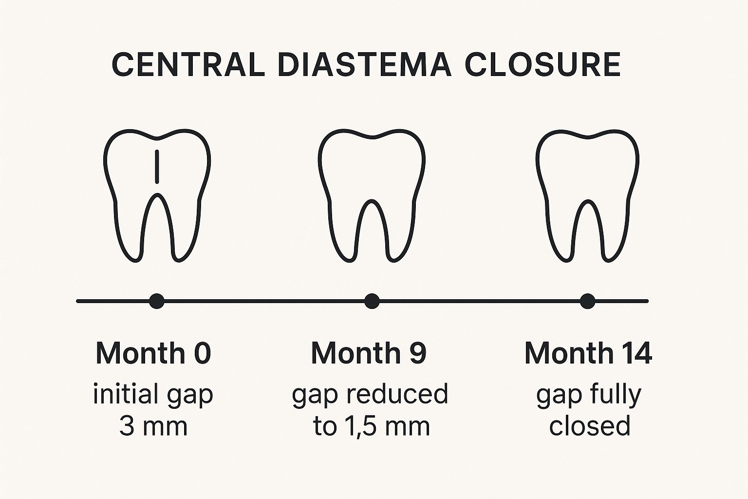Infographic showing the timeline of a central diastema closure, starting with a 3mm gap at Month 0, reducing to a 1.5mm gap at Month 9, and achieving full closure by Month 14.