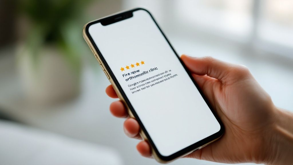 A person smiling while reading positive reviews on their smartphone, signifying the importance of patient feedback.