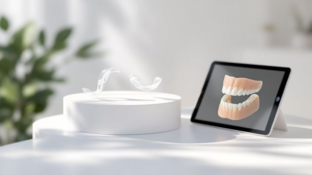 A modern orthodontic office showcasing advanced dental technology, including digital scanners and screens displaying treatment plans.