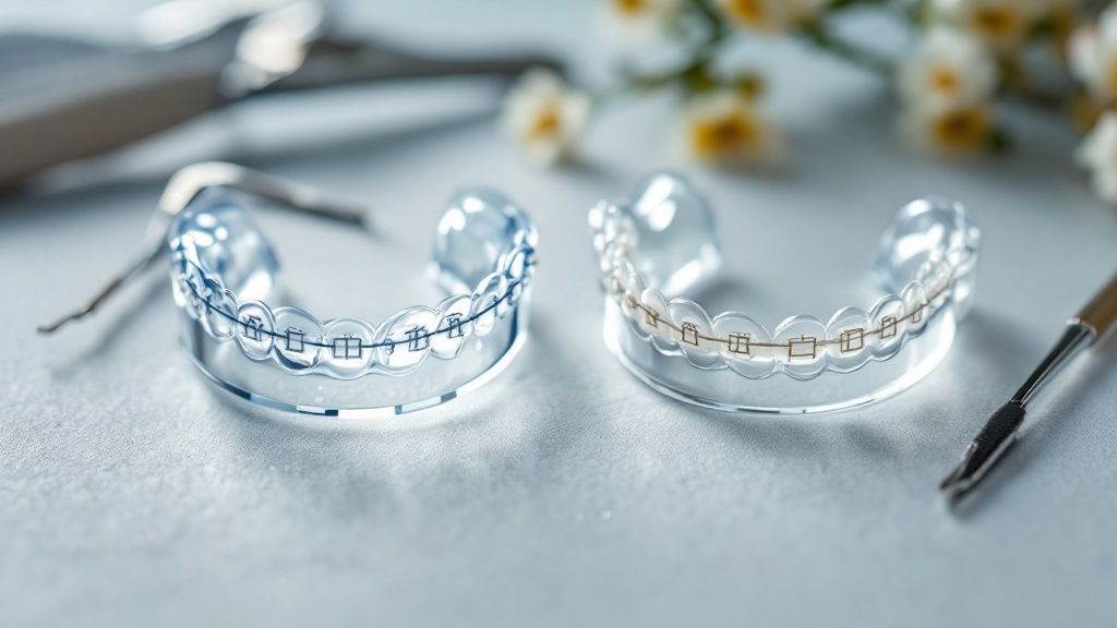 A display showing different types of orthodontic treatments like Invisalign aligners and braces.