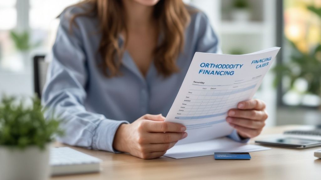 A person smiling and reviewing their dental insurance paperwork at a desk.