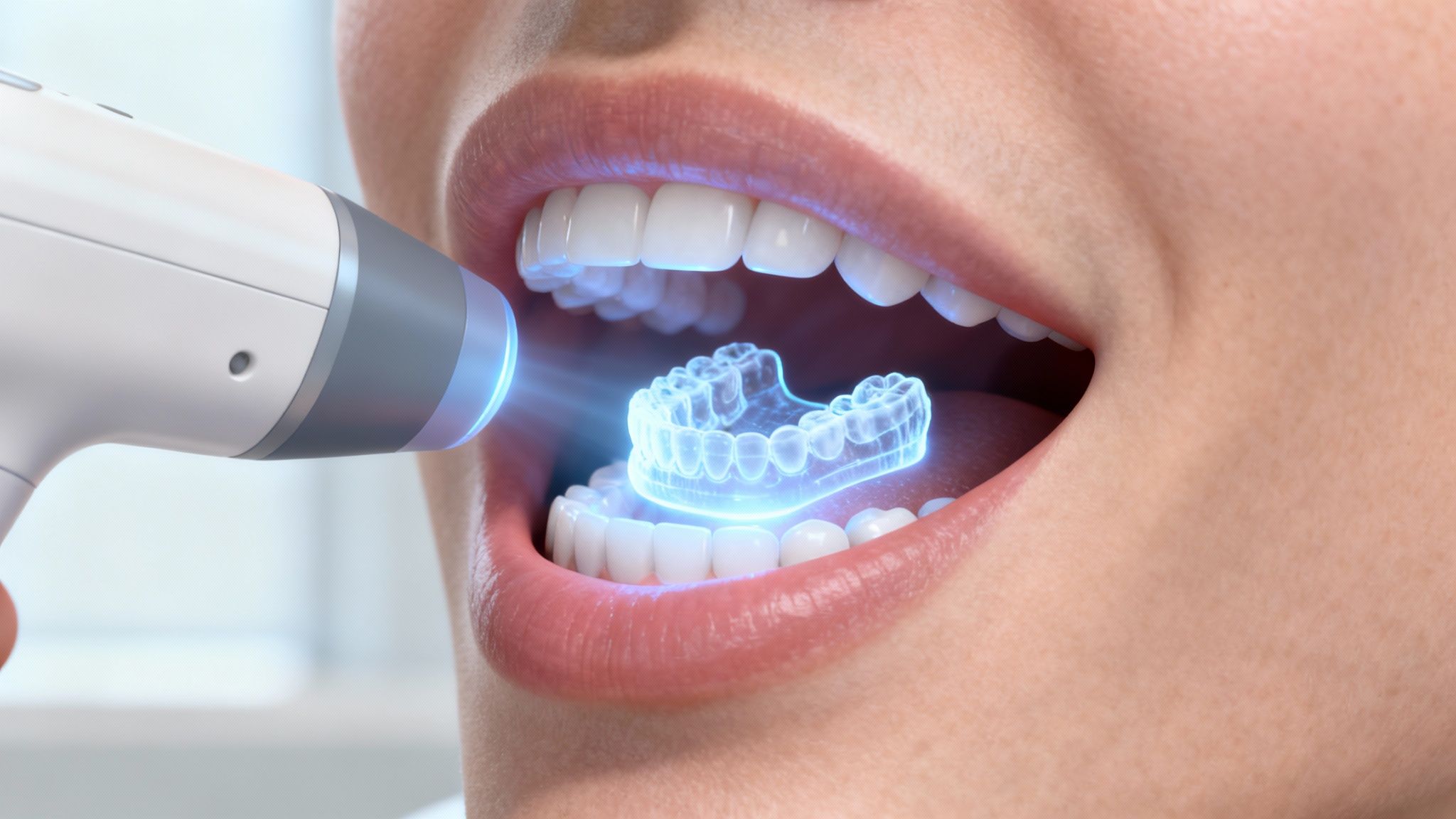 A close-up of a clear aligner being held, showcasing its transparent and high-tech material.