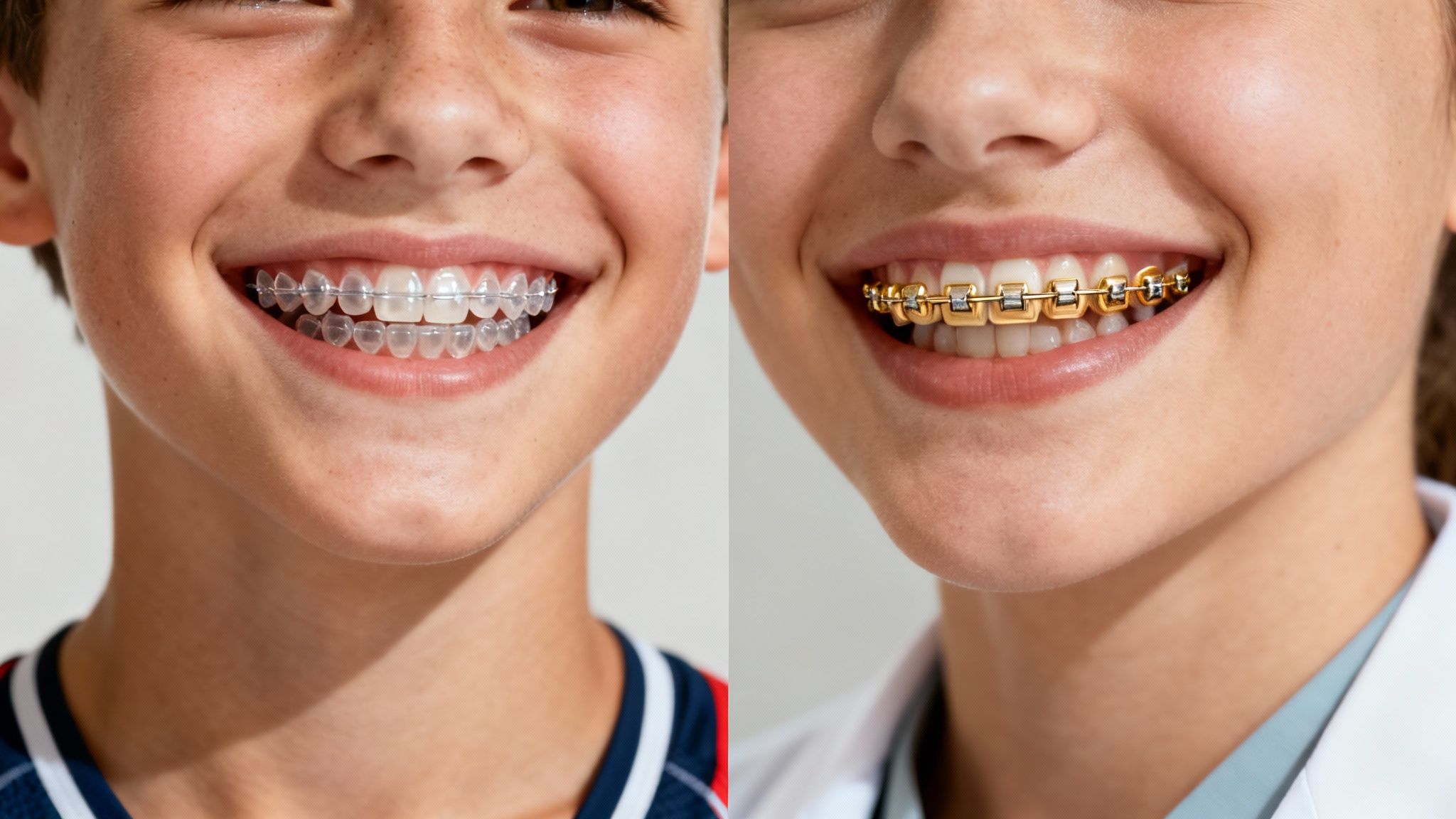A smiling individual holding both a clear aligner and an Iconix bracket to compare them.