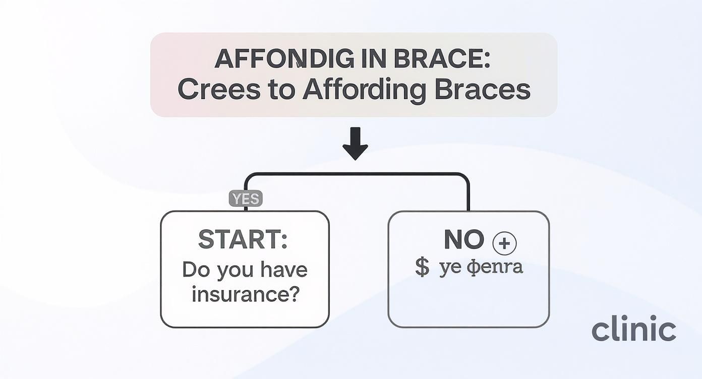 Infographic decision tree showing the pathways to affording braces with or without insurance, using Magic Fox Orthodontics' brand colors.