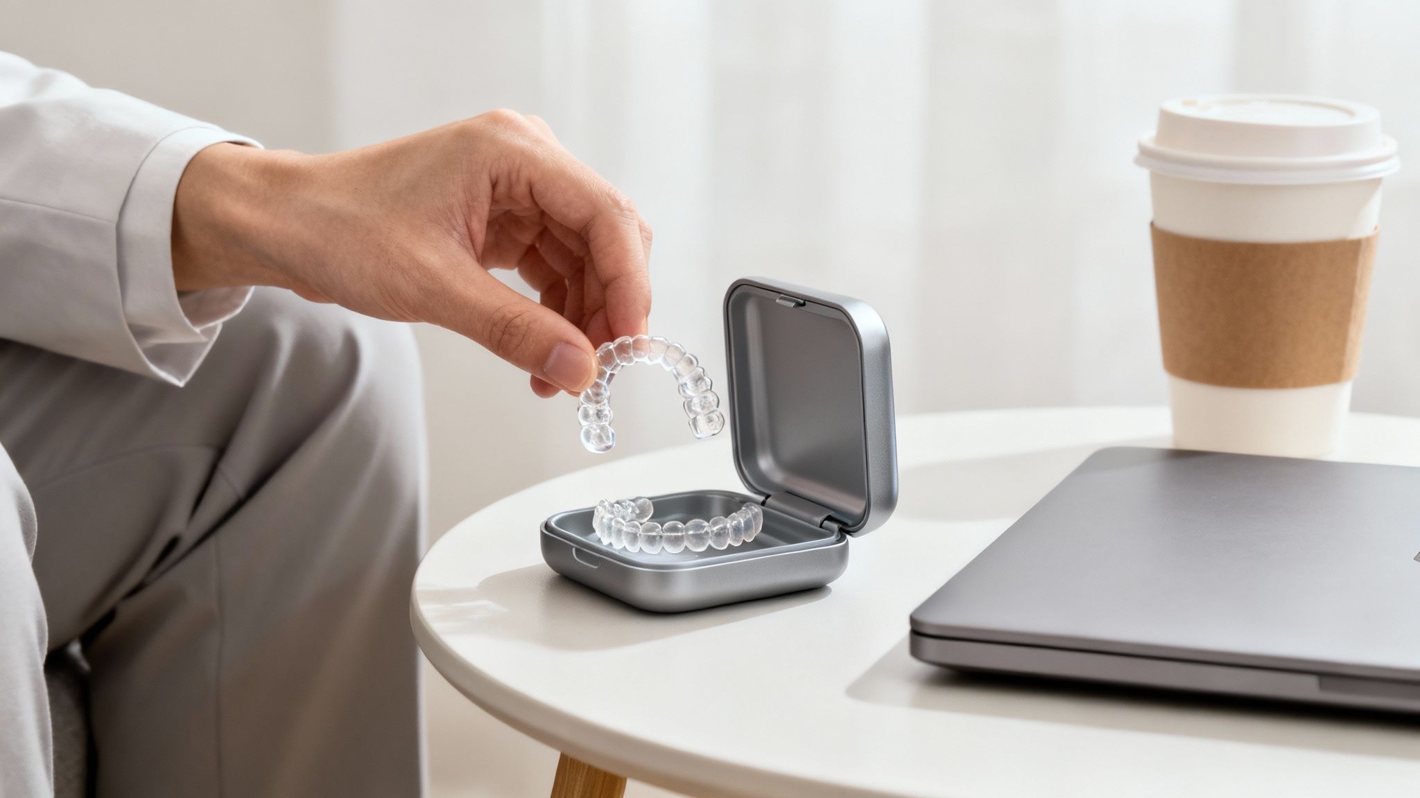 A person smiling while putting in a clear aligner tray.