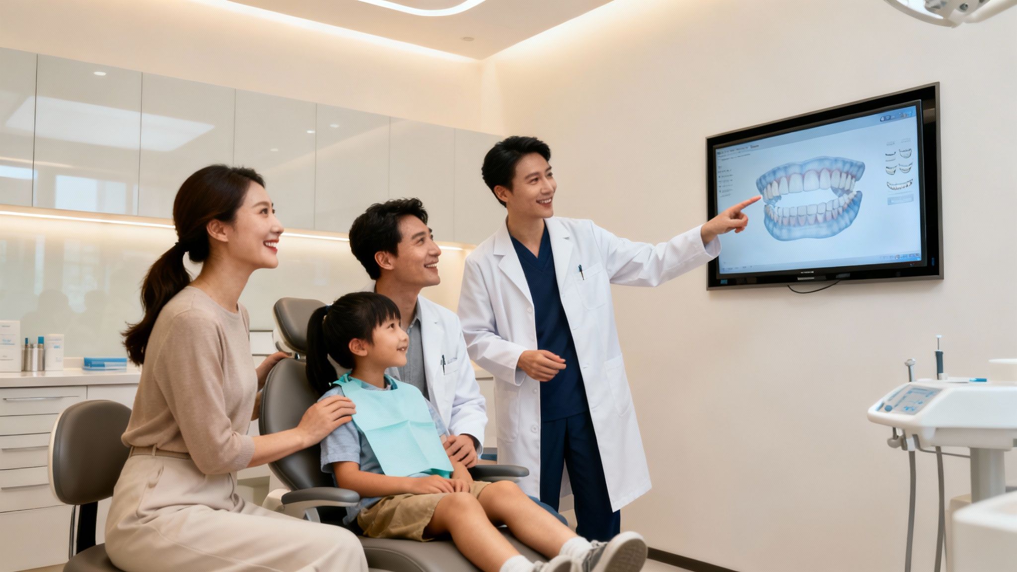 A friendly orthodontist showing a patient their digital smile scan on a tablet