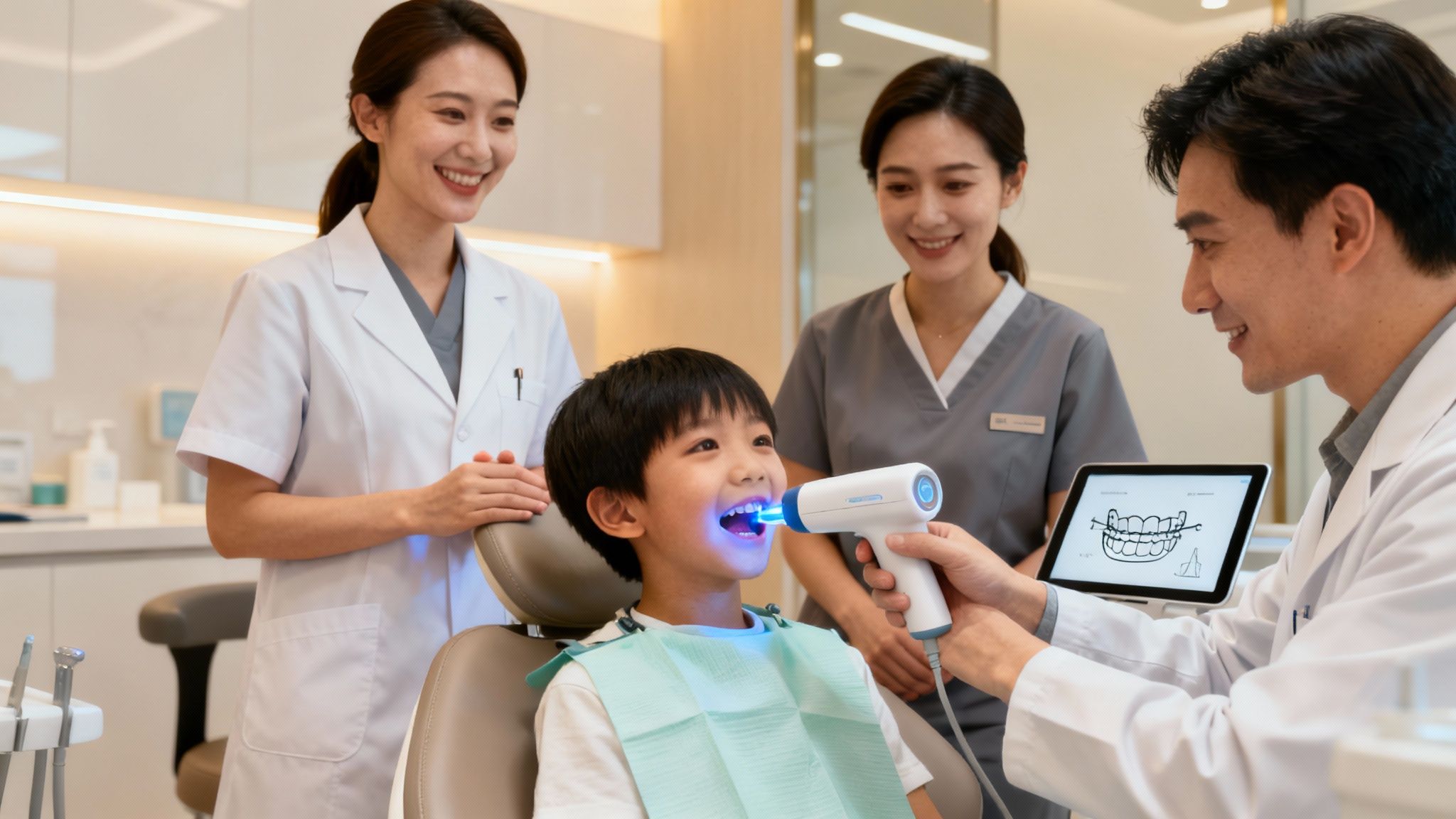 A friendly orthodontist showing a young child her dental X-rays on a screen.