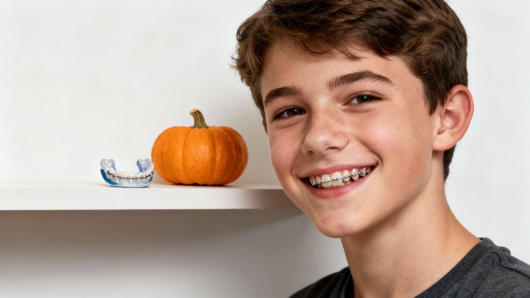 A young athlete with braces smiling while holding a basketball.