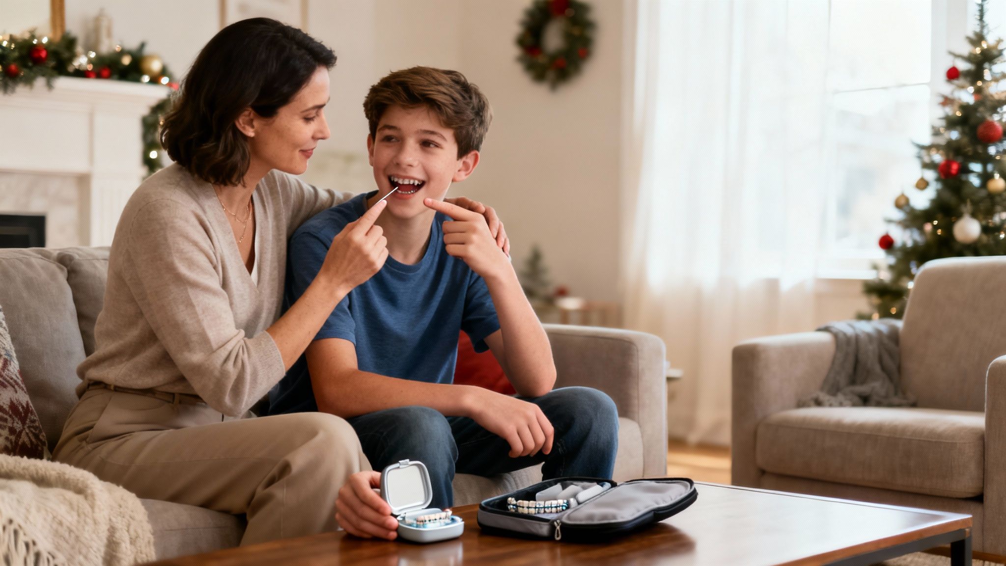 A family smiling together during the holidays, enjoying a stress-free vacation.
