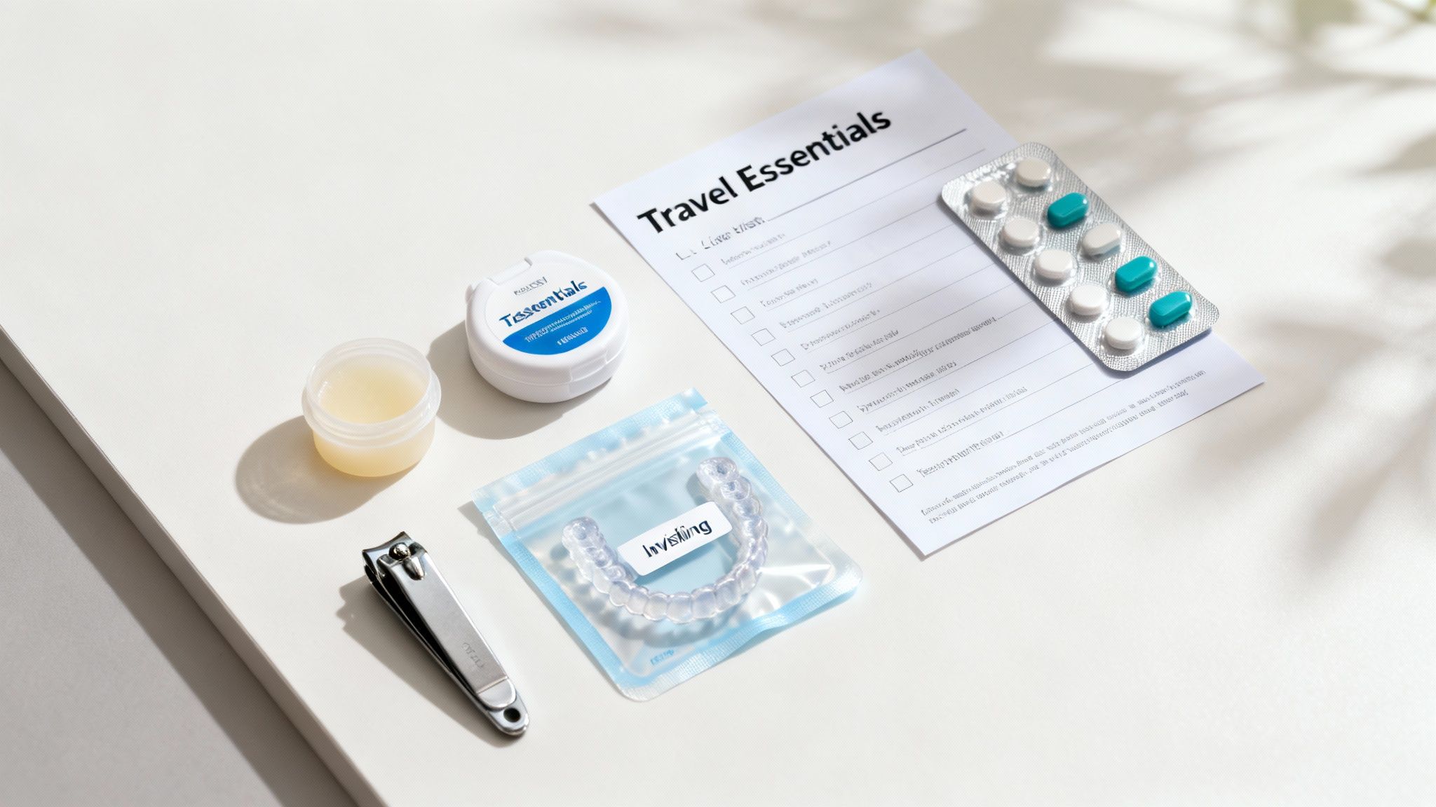 A person packing a travel kit with orthodontic essentials like wax and a toothbrush.
