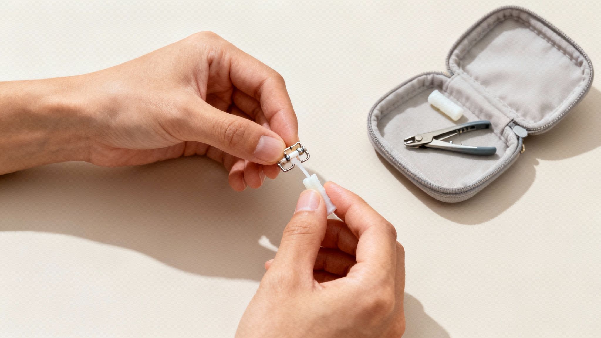 A person using orthodontic wax on their braces to alleviate discomfort.