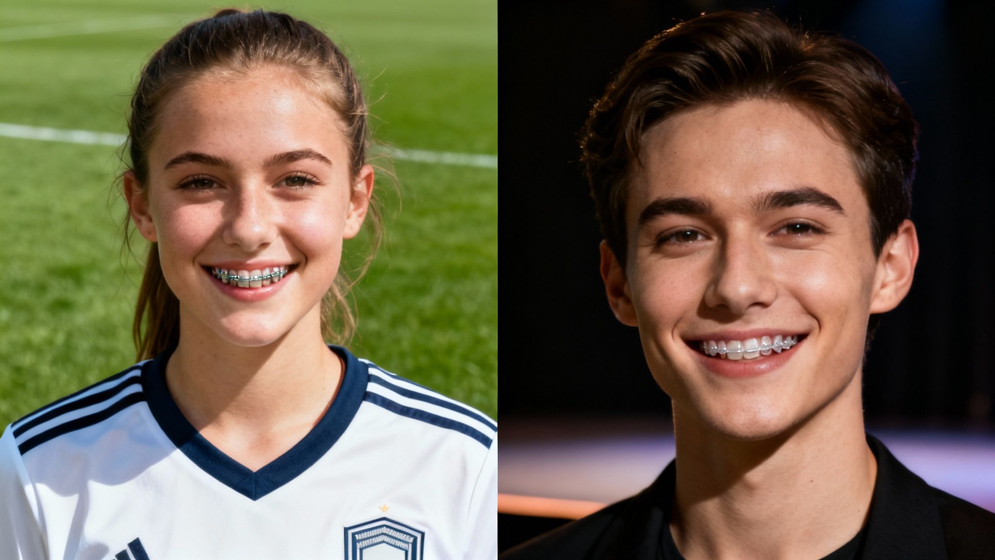 Two teens laughing together, one with clear aligners and the other with aesthetic braces.