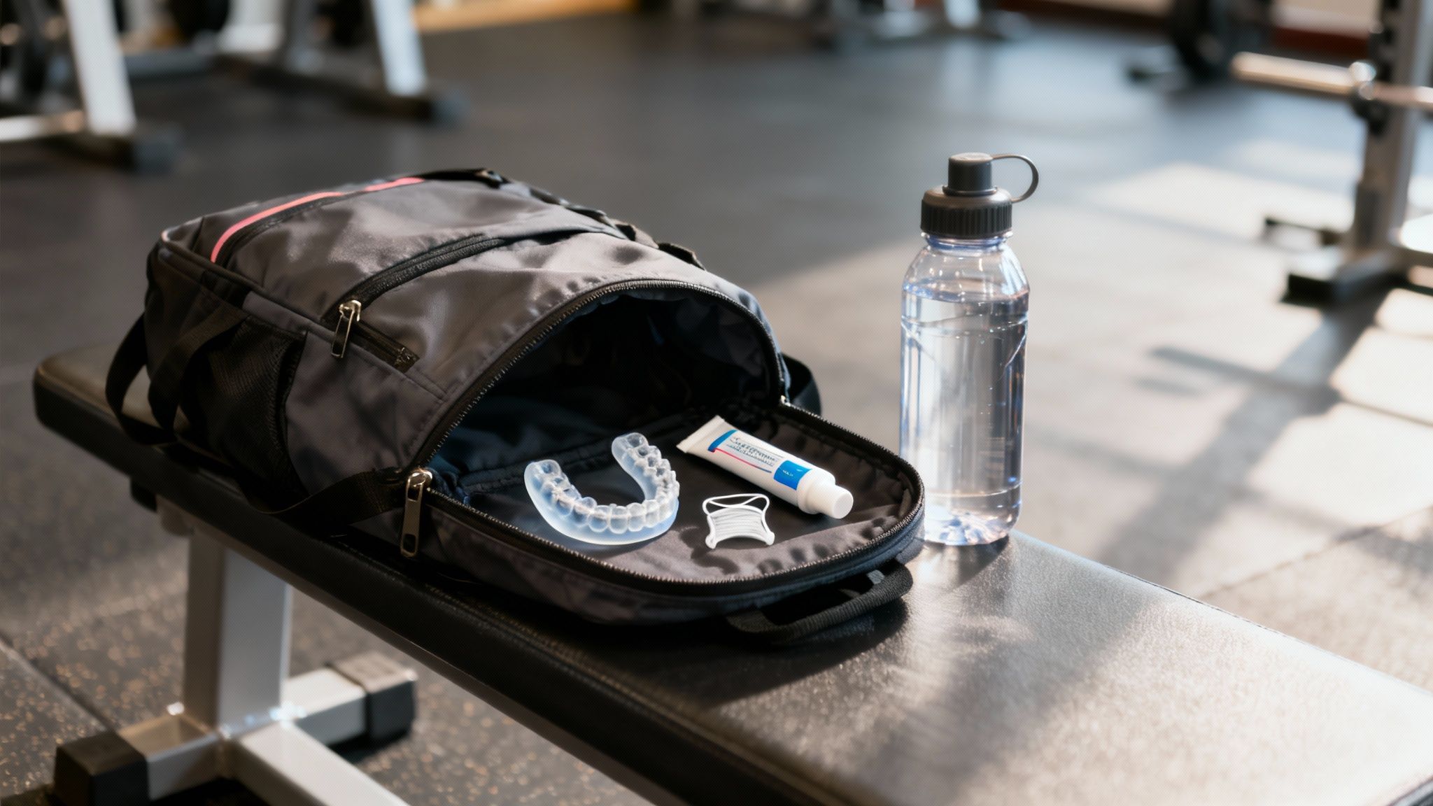 An athlete with braces smiles while holding up their orthodontic mouthguard after a game.