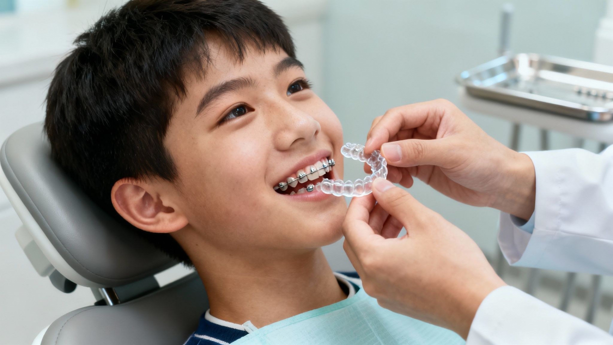 A young athlete smiling with braces and holding a basketball