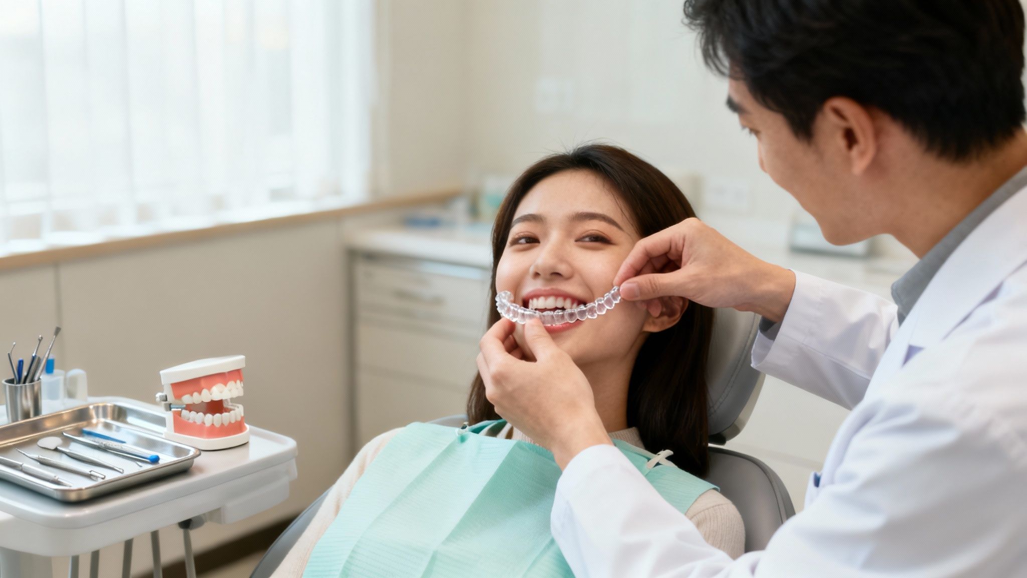 An orthodontist carefully adjusts a patient's braces in a bright, modern clinic.
