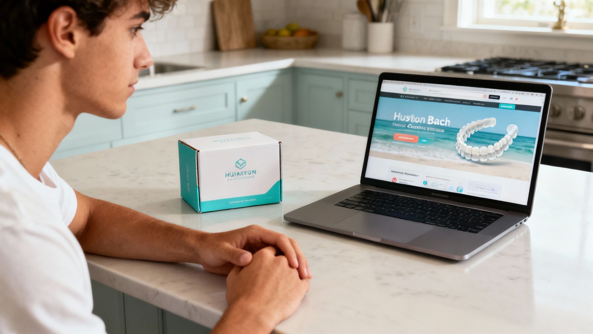 A person smiling, showing off their clear aligners.