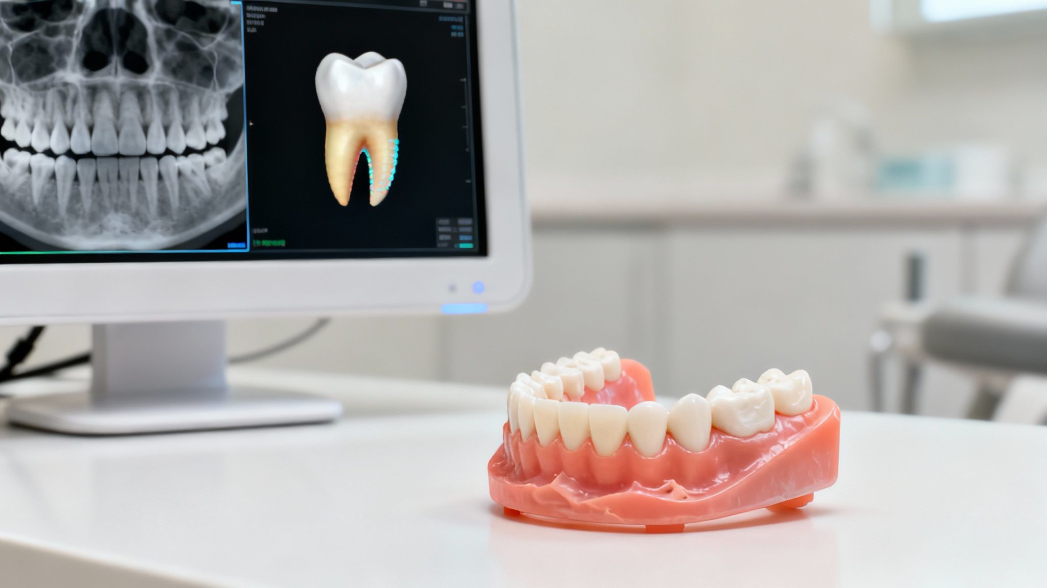 An orthodontist showing a patient their 3D digital scan on a screen.