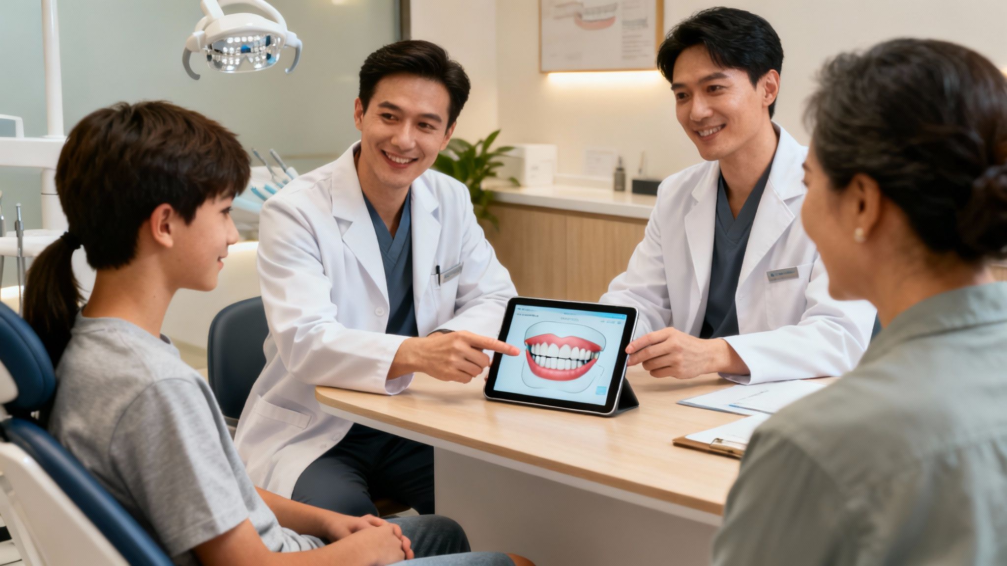 Two dentists showing digital tablet with teeth model to teenage patient and parent in modern dental office