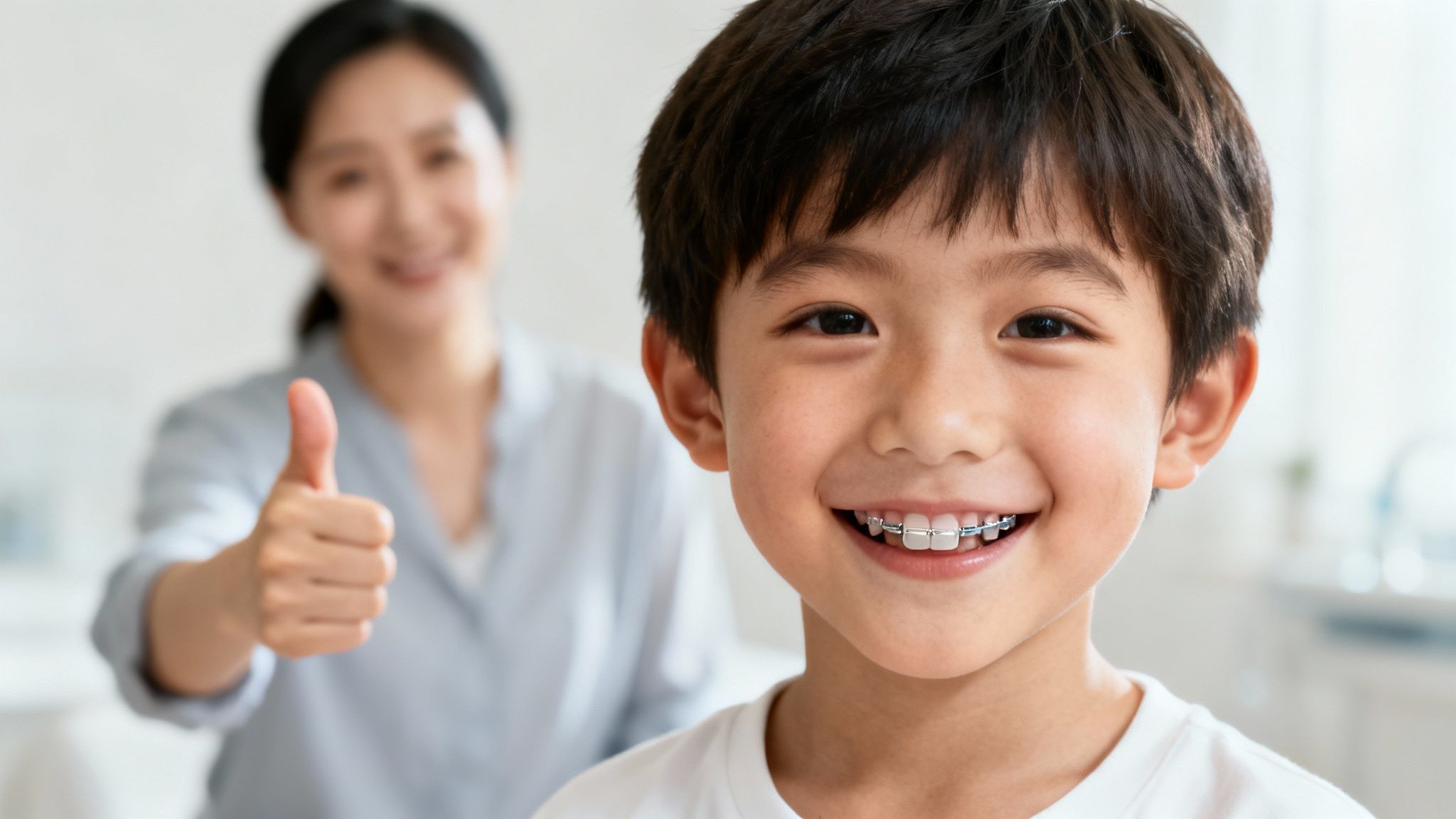 Smiling Asian boy with dental braces, adult giving thumbs-up in blurred background.