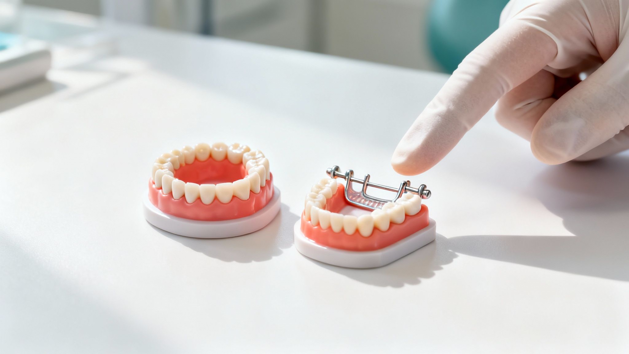 A gloved hand points to a dental model with braces, next to a model without, demonstrating orthodontic treatment options.