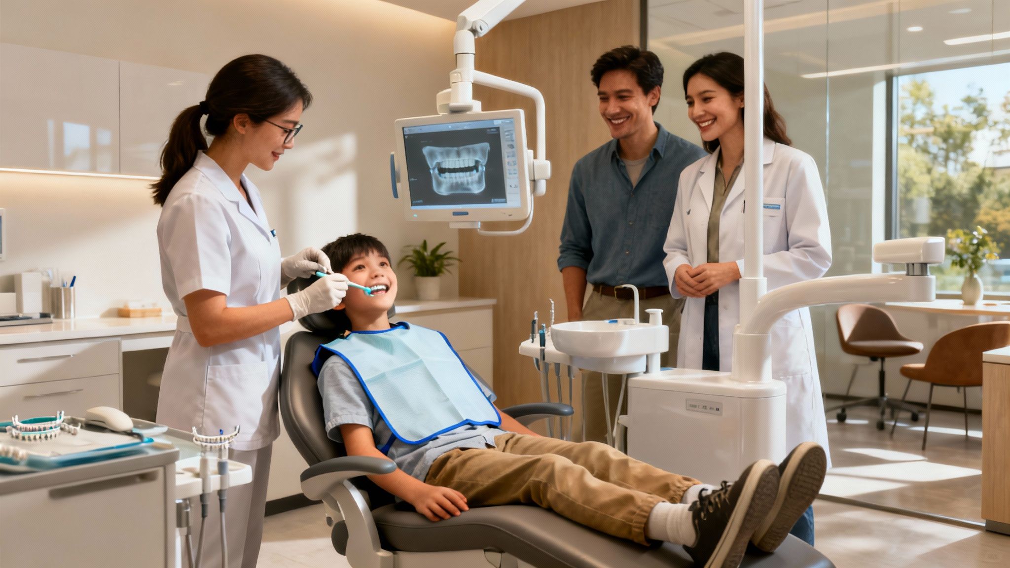 A boy smiles during a dental exam by a hygienist, observed by his father and a dentist.