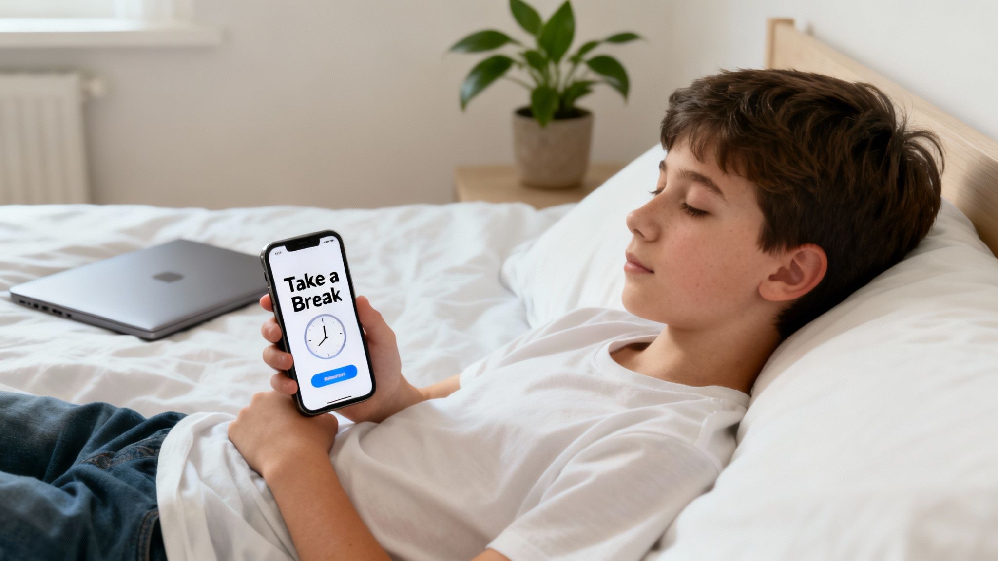 Young boy relaxing on a bed, holding a smartphone with a 'Take a Break' reminder on screen, next to a laptop.