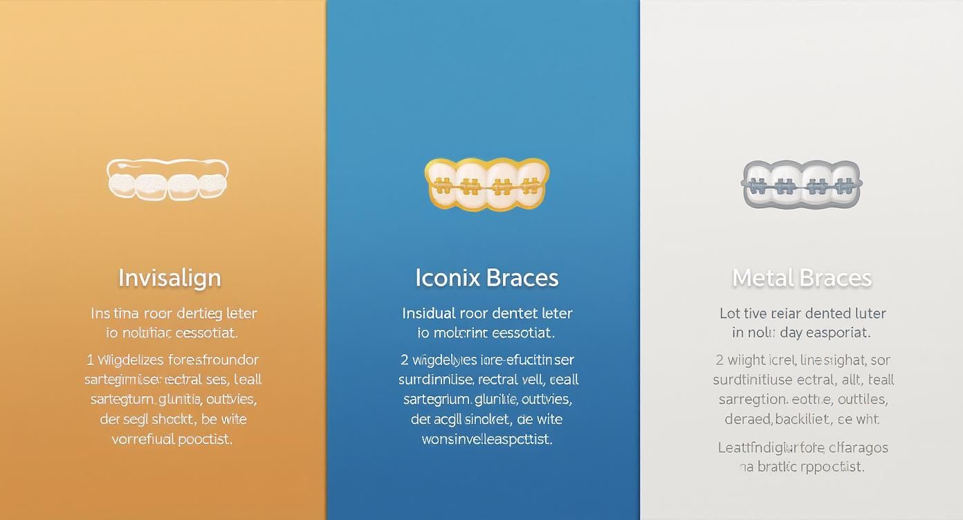 Three dental corrective options are displayed: Invisalign, Iconix Braces, and Metal Braces, with text descriptions.