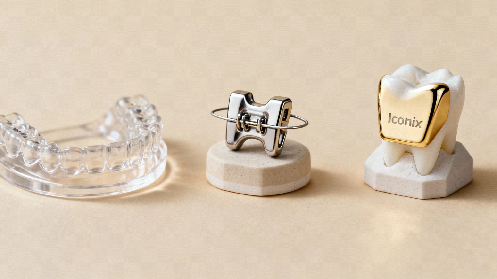Three dental appliances: a clear aligner, a metal bracket, and a tooth model with a gold crown.