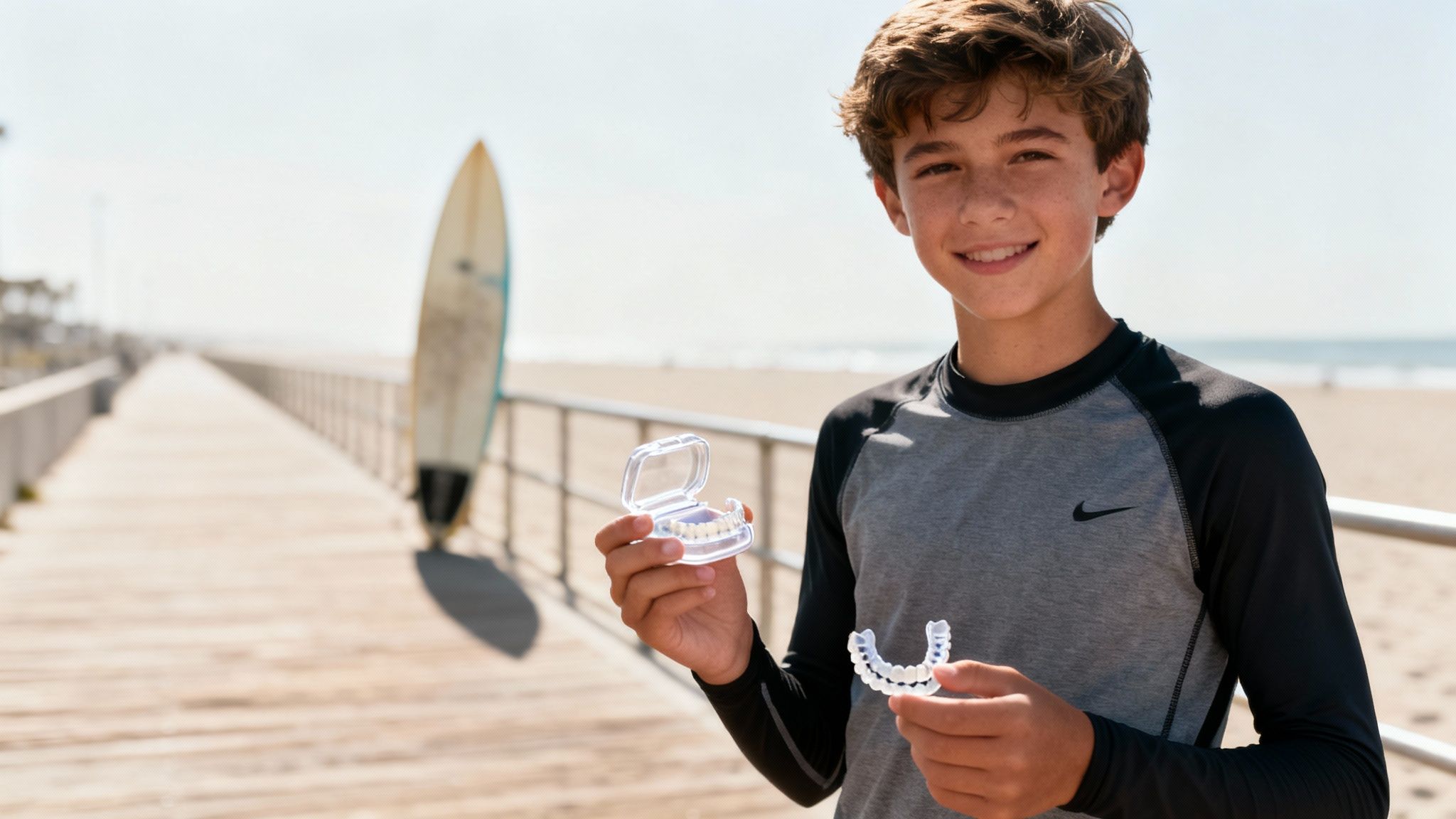 A smiling boy on a beach pier holds clear dental aligners, a surfboard in the background.