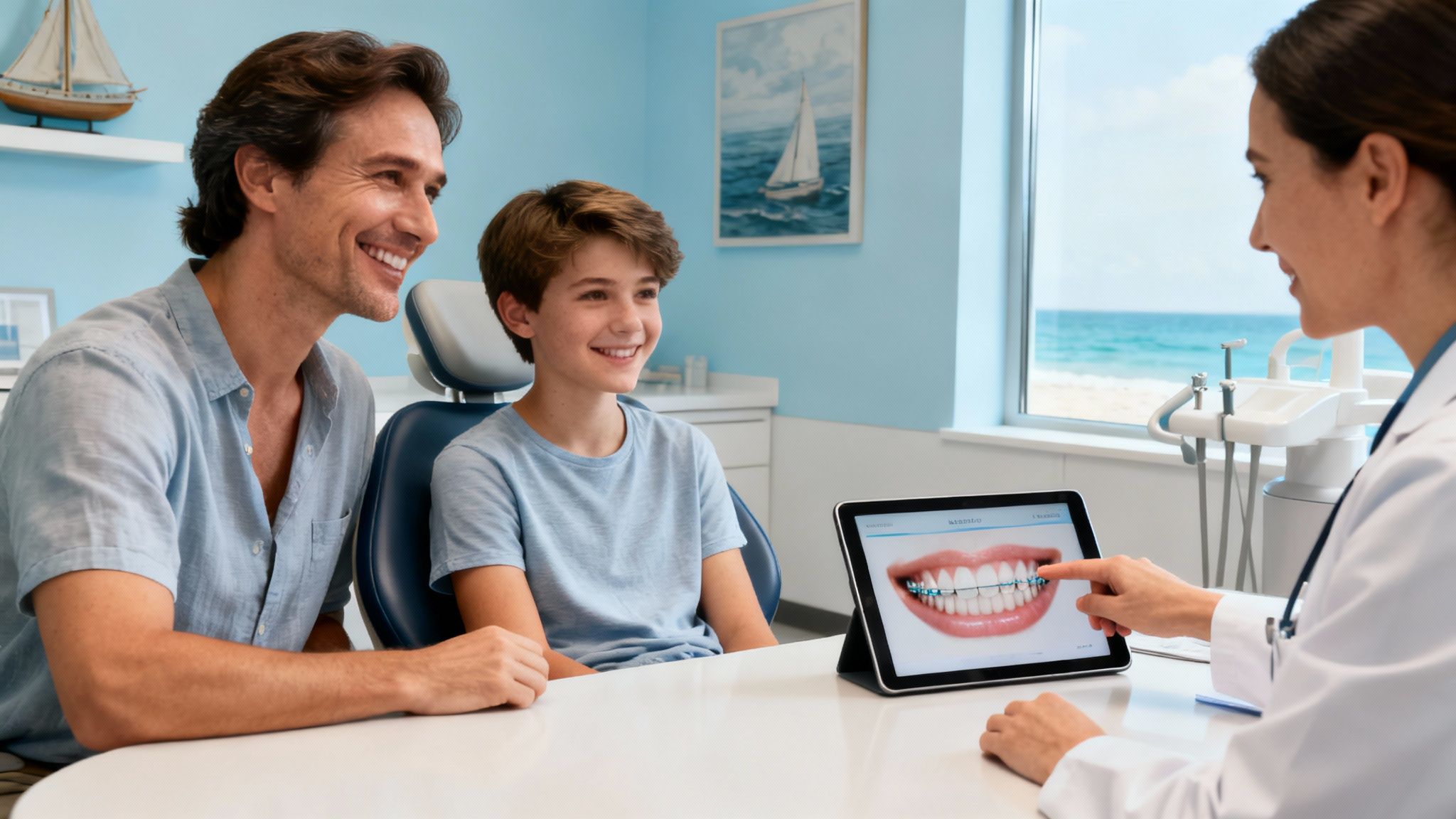 Orthodontist showing a smiling father and son a digital braces simulation on a tablet.