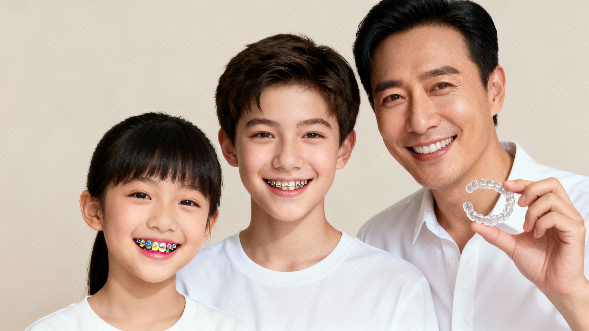 A smiling family showcasing dental braces and clear aligners for different ages.