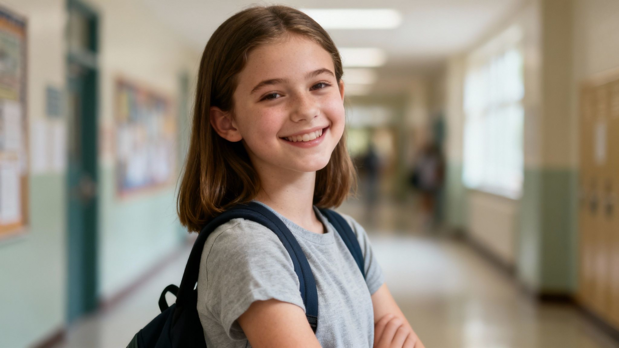 A happy young girl with a backpack smiles confidently in a bright school hallway.