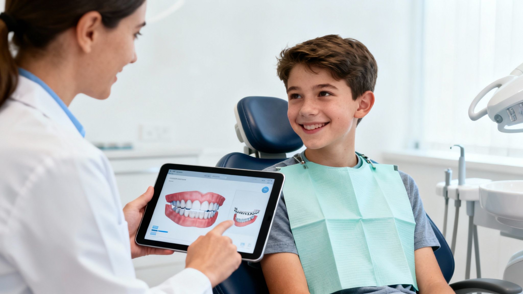 A female dentist shows a happy young boy a digital dental model on a tablet in a clinic.