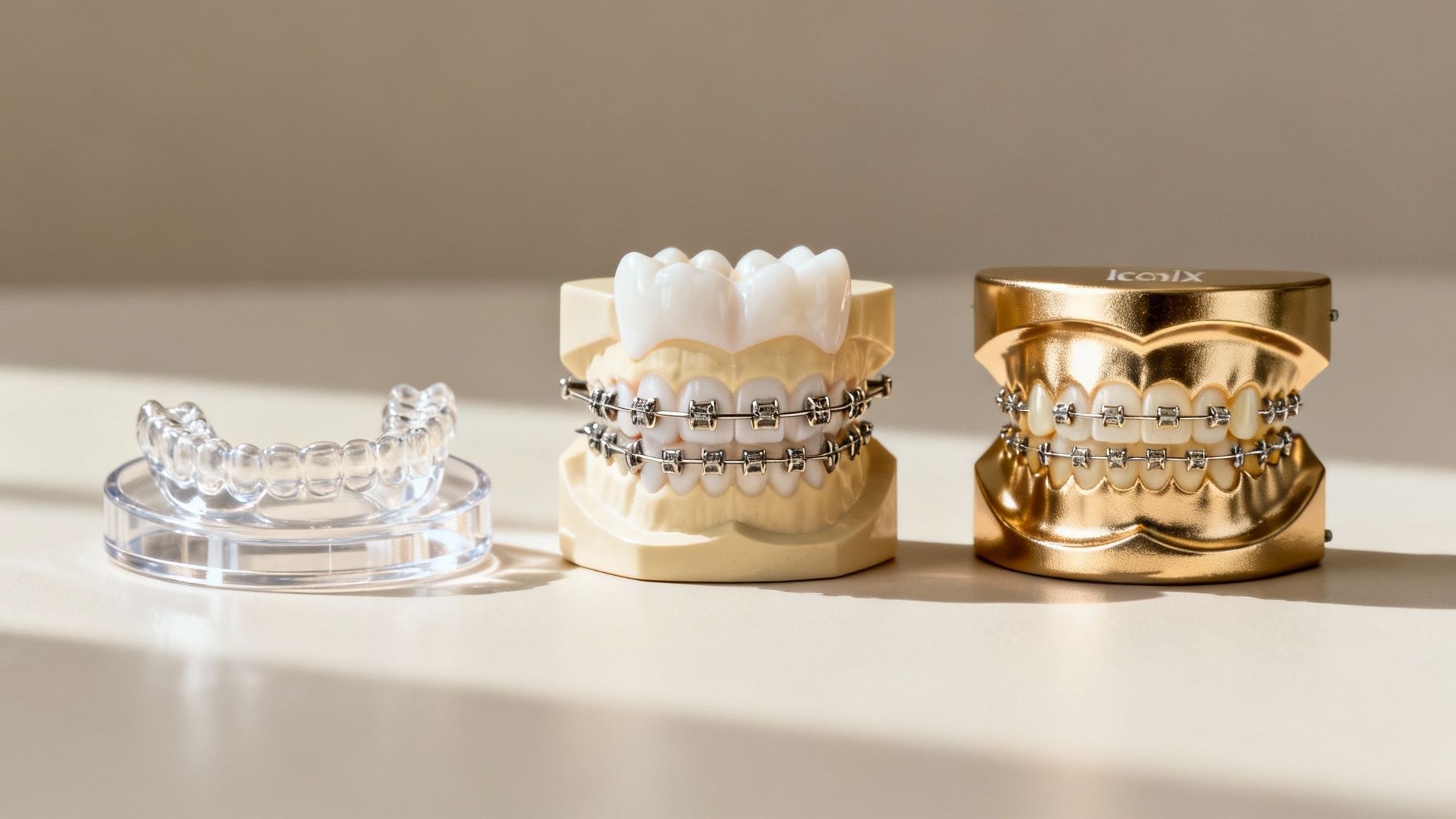 Three dental models showcasing clear aligners and traditional braces for various orthodontic treatments.