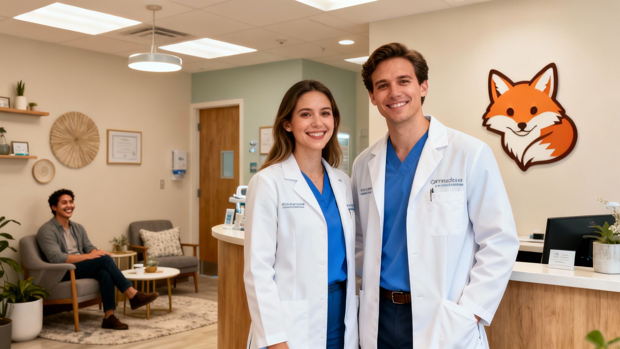 Two smiling medical professionals in lab coats and scrubs in a modern clinic waiting area.