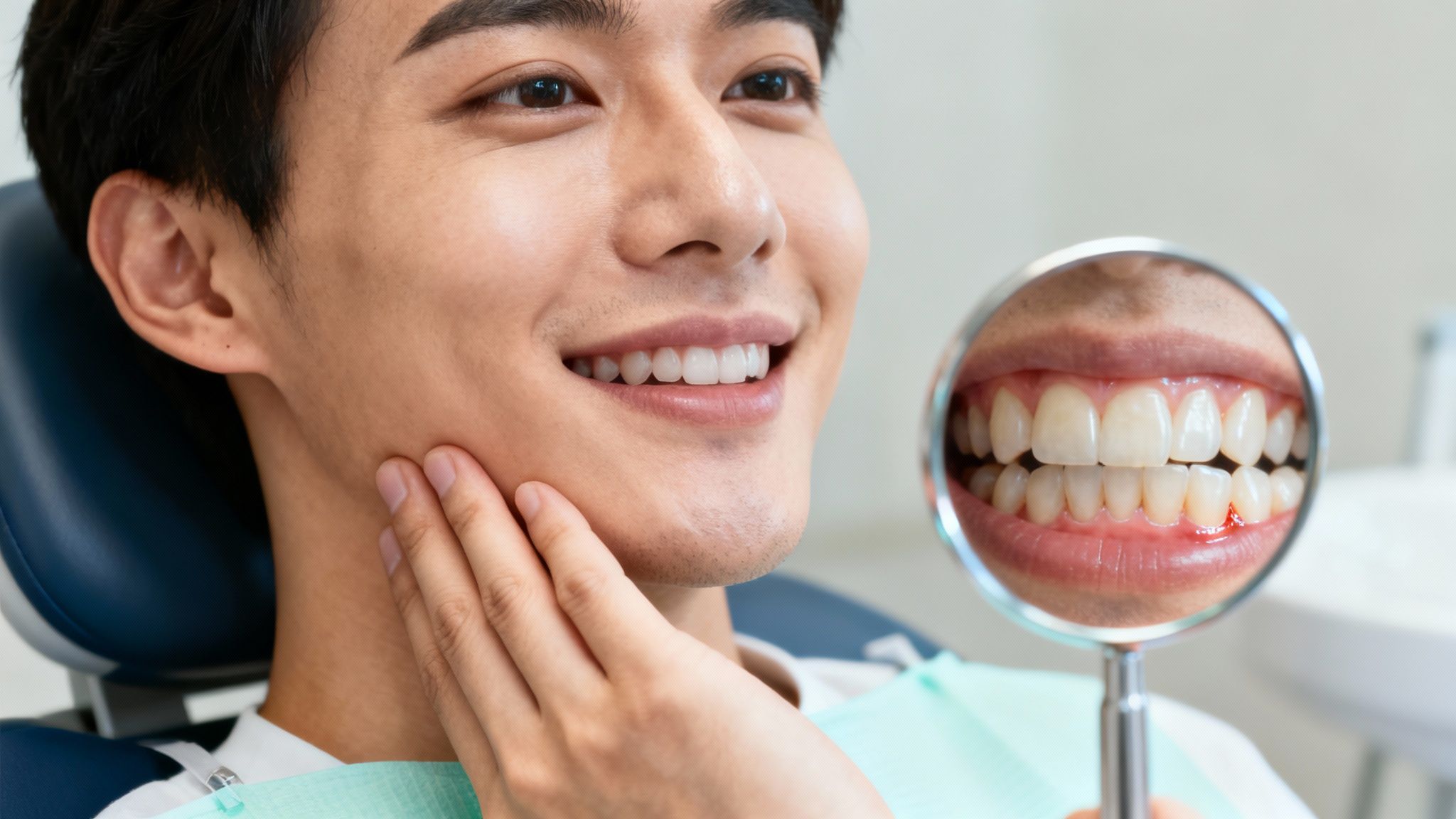 A smiling man examines his teeth in a dental mirror, revealing a healthy smile and slight gum bleeding.