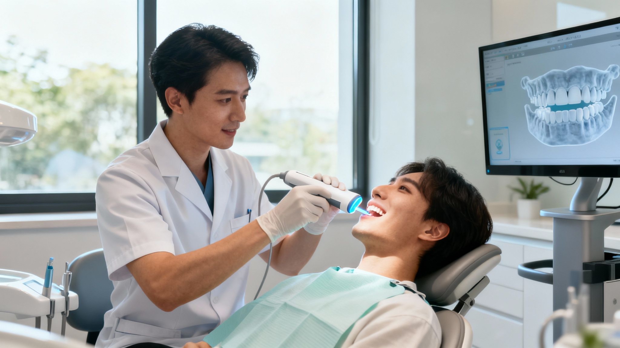 A dentist uses a digital scanner on a smiling patient's teeth, with a 3D dental model on screen.