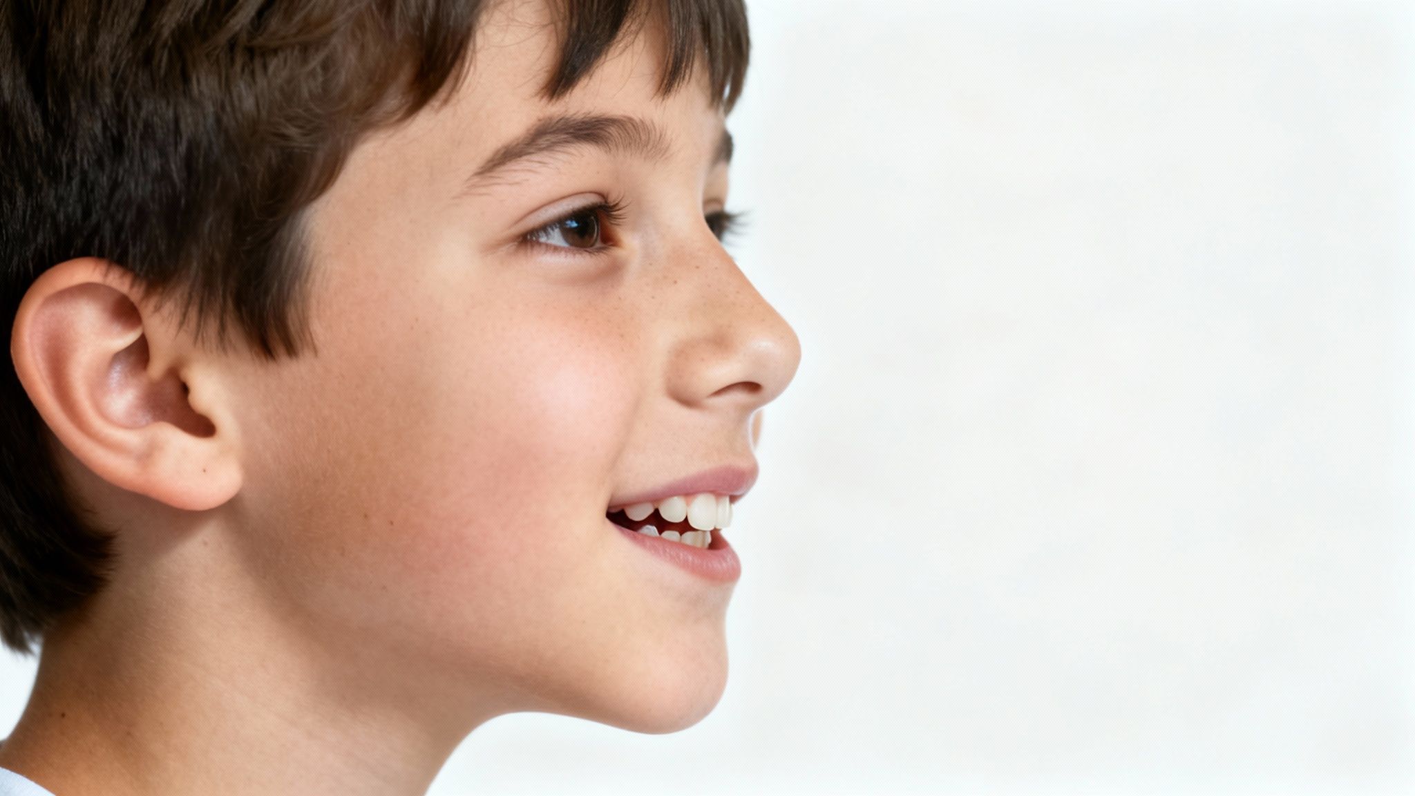 Close-up profile of a smiling young boy with dark hair on a plain white background.