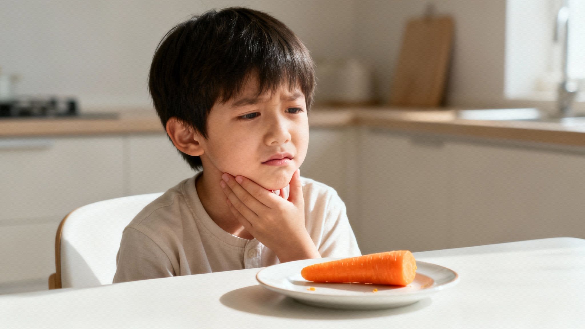 A young boy with a pained expression holds his jaw, looking at a carrot on a plate.
