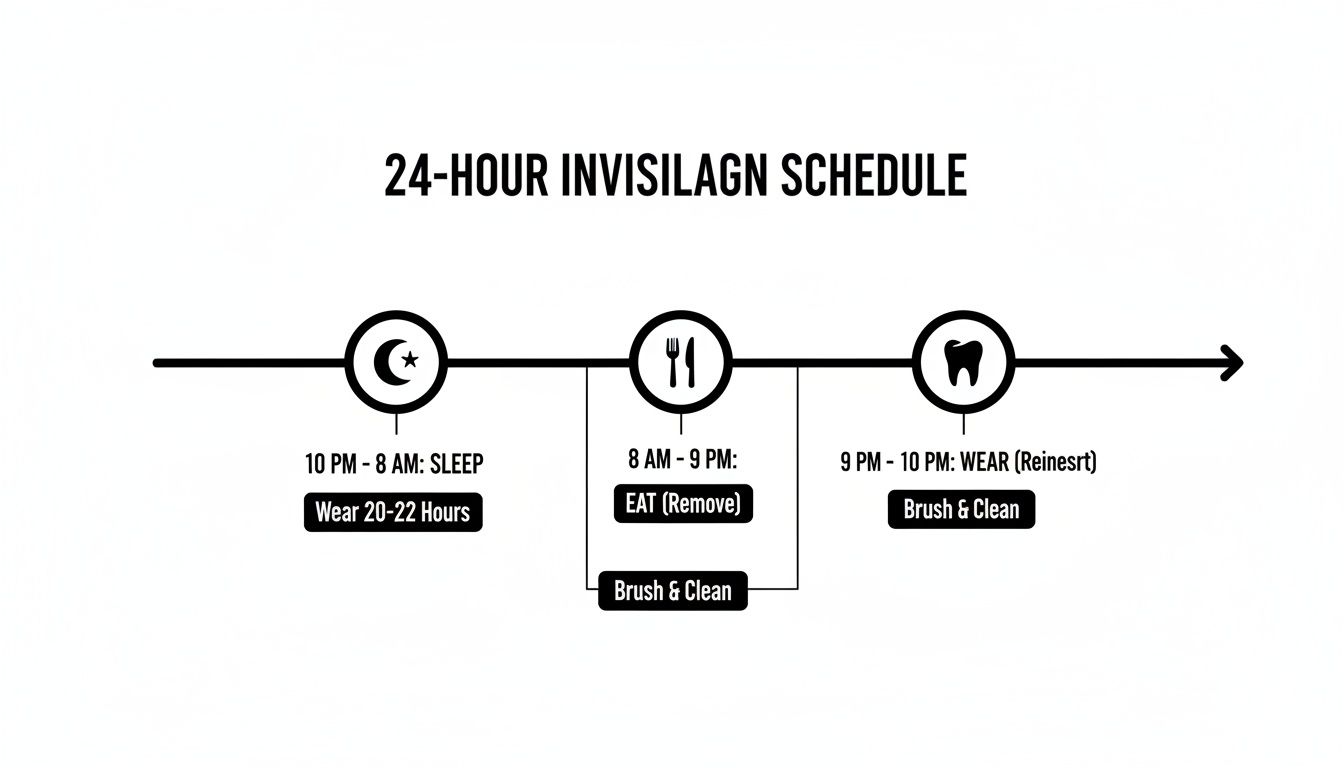 A 24-hour Invisalign schedule timeline outlining periods for sleep, eating, and wearing aligners with brush and clean instructions.