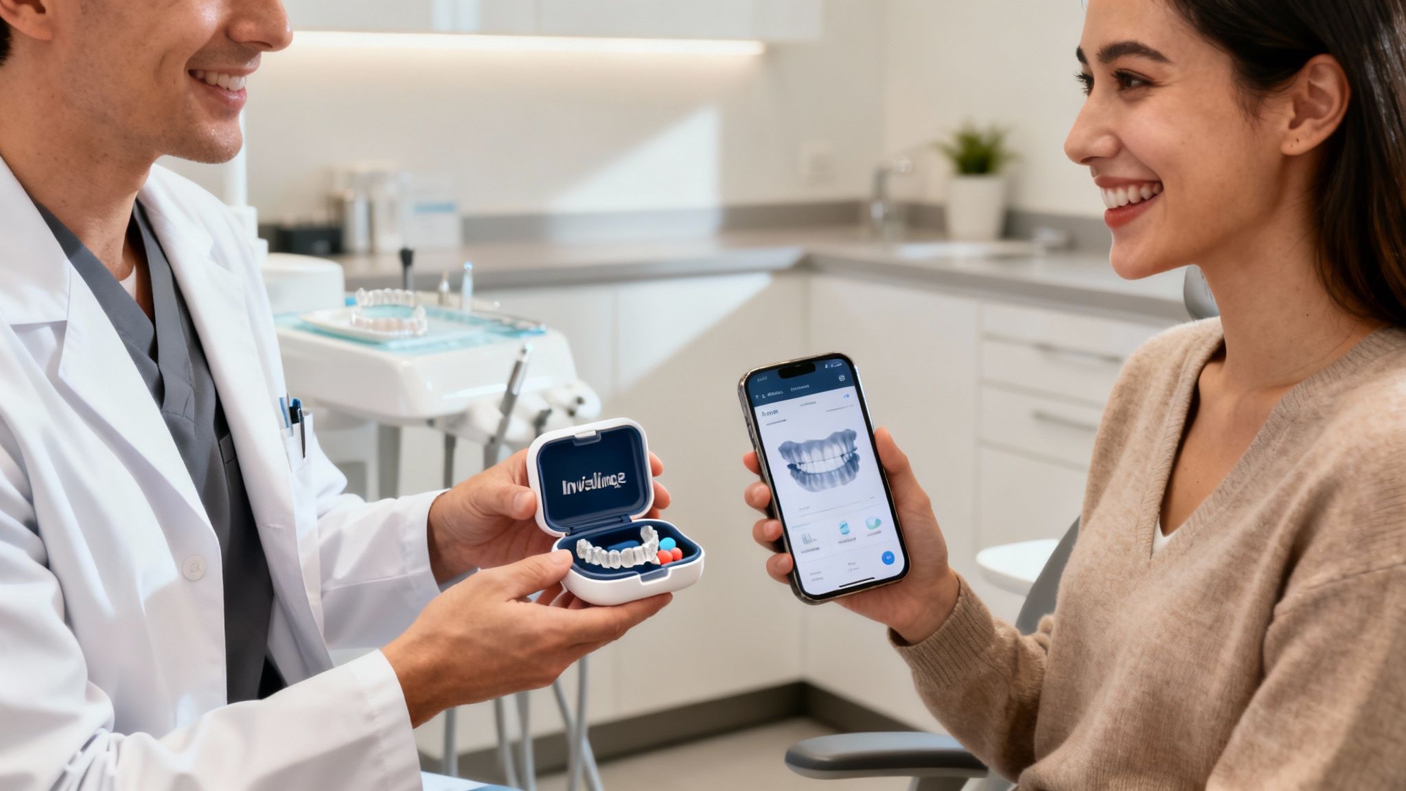 A dentist shows Invisalign aligners to a smiling patient reviewing her treatment plan on a phone.