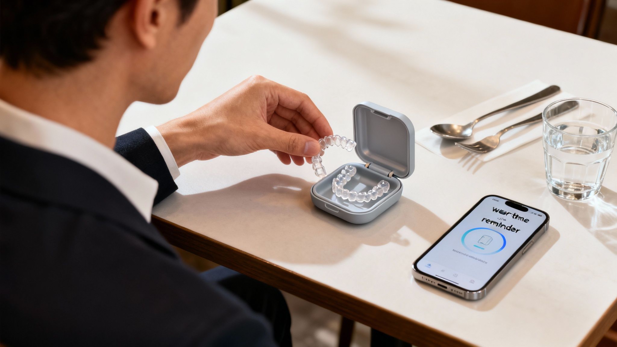 A man holds a clear dental aligner from its case, a smartphone shows a wear time reminder.