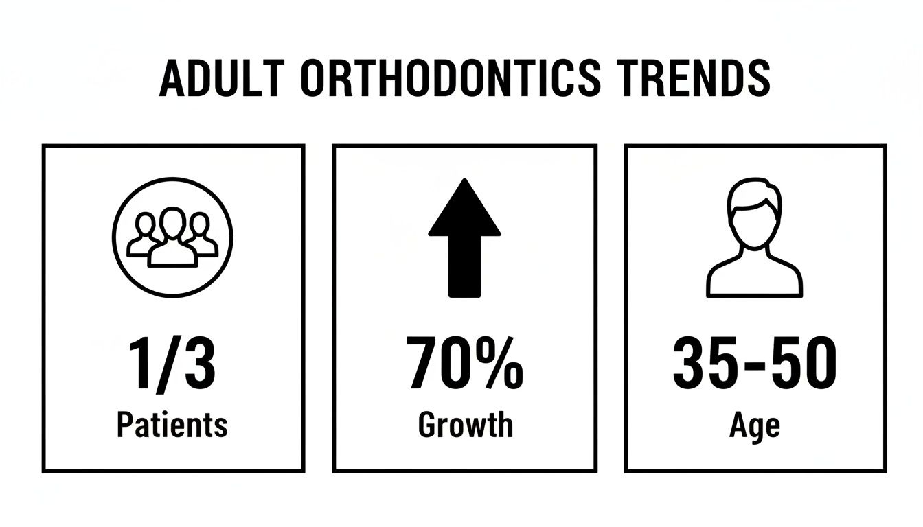 Infographic showing adult orthodontics trends: 1/3 patients, 70% growth, and 35-50 age range.