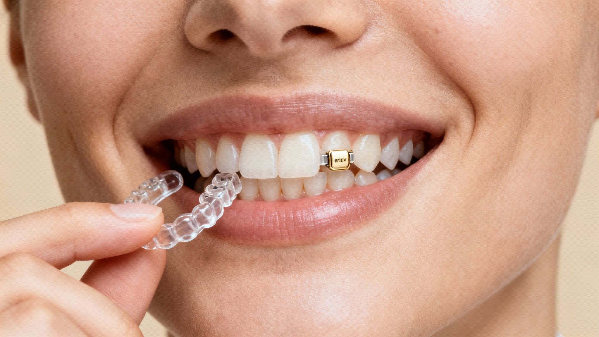 Close-up of a person smiling, holding a clear dental aligner, with a gold sensor on a tooth.