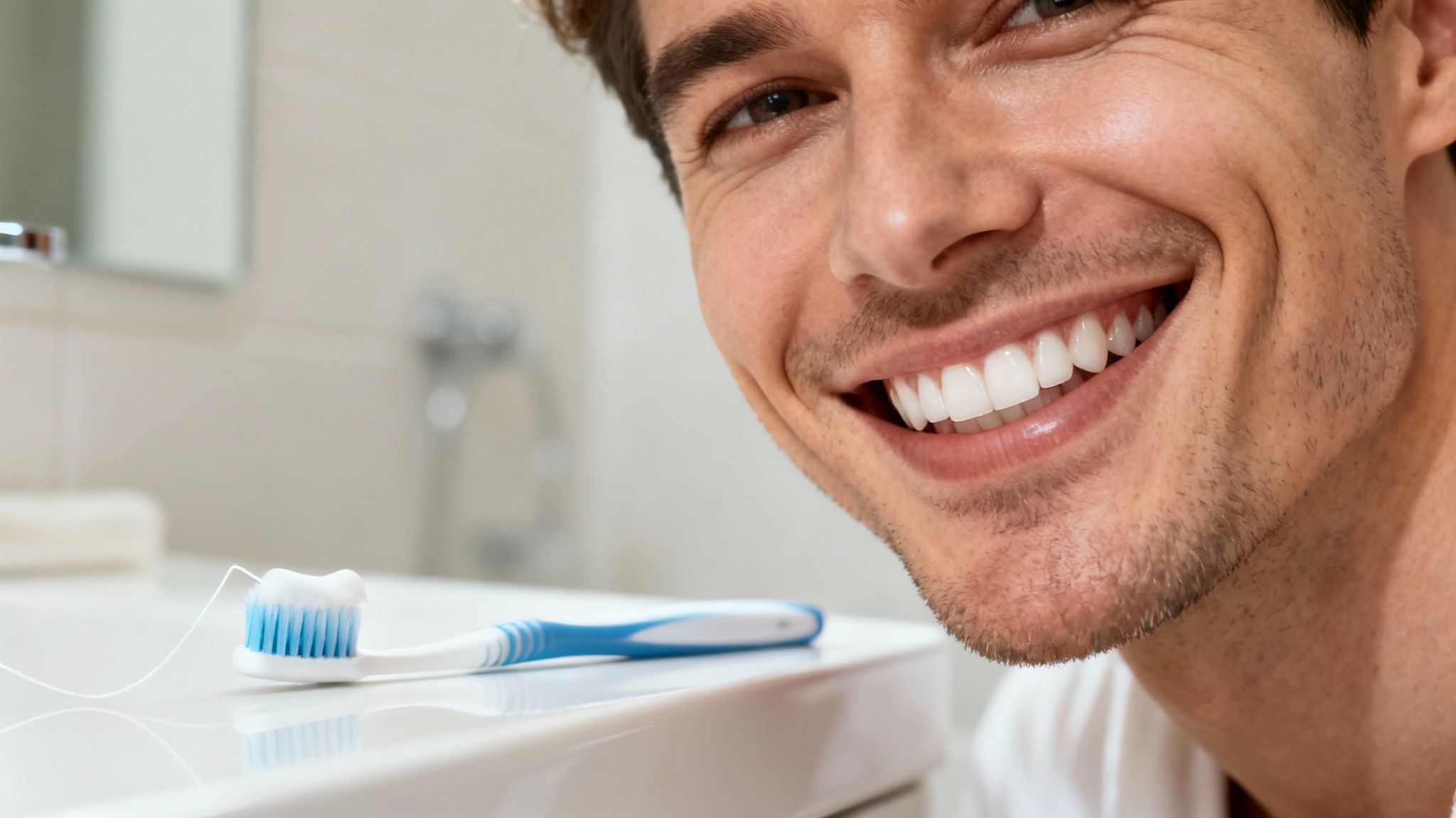 A man with a bright, healthy smile, with a toothbrush, toothpaste, and dental floss on a bathroom sink.
