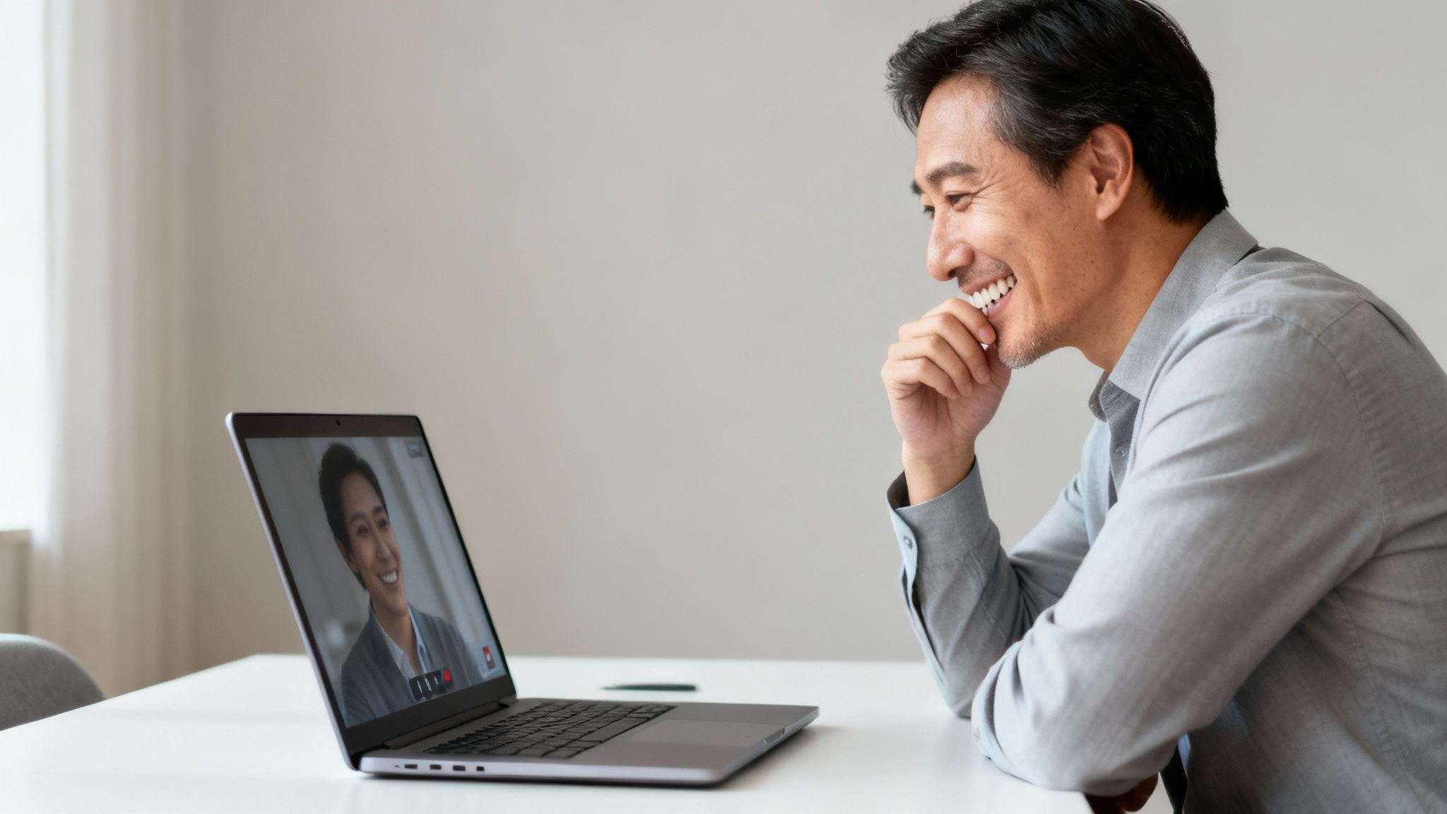 Happy Asian man smiling during a video call on his laptop, chatting with another person.