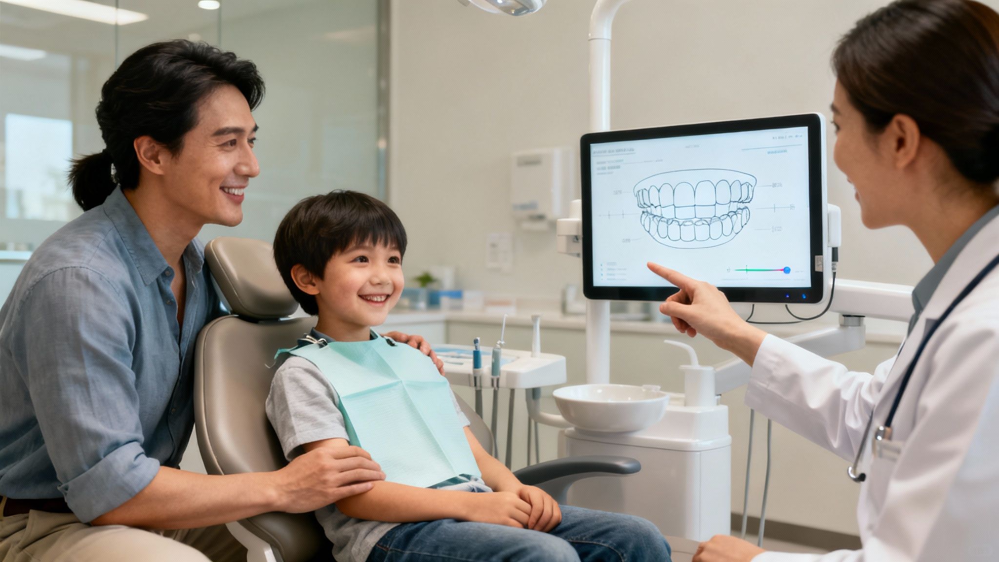 A smiling boy and his father listen as a female dentist explains a dental diagram on a screen.