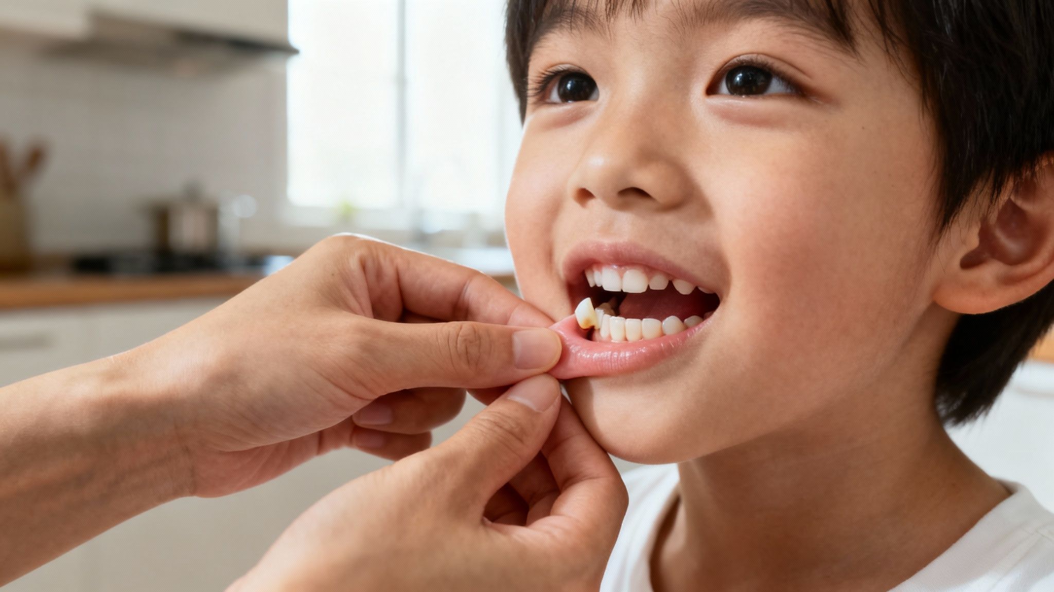 Close-up of a child's mouth receiving dental attention, with a tooth held by an adult hand.